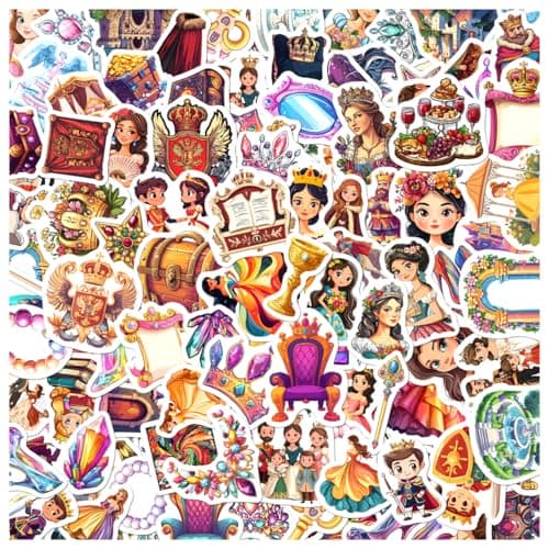Royal Fairytale Princess Stickers Pack for Girls Vinyl 108Pcs Fantasy Castle Crown and Magic Elements Kids Party Favors Birthday Scrapbook Decorations Wall Decoration