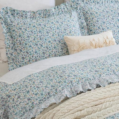 DAUAOTO Twin Size Ruffle Duvet Cover Set, 100% Cotton, Kids Teen Girls Duvet Cover 68"X86" + 1 Sham, Ditsy Floral Pattern Blue