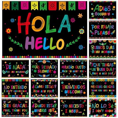 WATINC Spanish Words Phrases Poster - 16pcs Spanish Posters Set Classroom Decorations, Preschool Bilingual Study Learning Materials Teacher Supplies, Educational Language Bulletin Board (Black Scrawl)