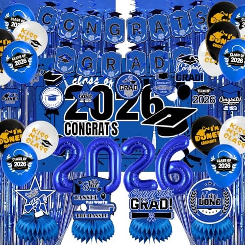 Graduation Party Decorations 2026–Black Blue Grad Banner, Class of Backdrop, Balloons, Fringe Curtains and Foil Balloon, Streamers Kit–Complete Graduation for High School & College Celebrations (Blue)