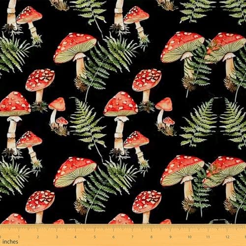 Feelyou Cute Mushroom Decor Fabric By The Yard, Cartoon Mushrooms Botanical Leaves Upholstery Fabric for Chairs, Kawaii Fungus Pattern Decorative Soft Flannel, 1 Yard,Red Green