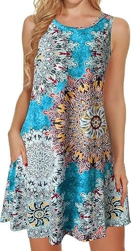 Tshirt Dresses for Women Summer Beach Boho Sleeveless Floral Sundress Pockets Swing Casual Loose Cover Up(Light Blue, S)