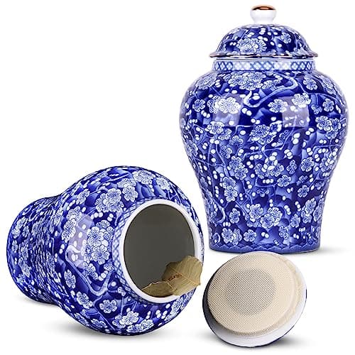 XINGYAN Chinoiserie Ginger Jar 2pcs Set - Chinese Blue and White Porcelain Home Decorative Storage Jar with Lid(Bloom set)