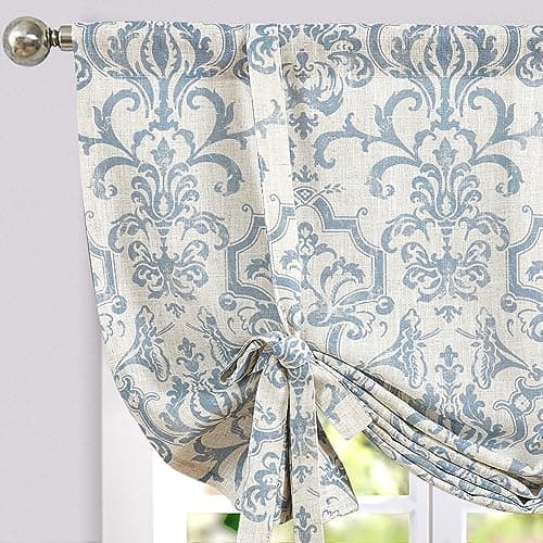 jinchan Linen Tie Up Valance for Flax Floral Drapes Vintage Farmhouse Medallion Window Treatments Light Filtering Curtain for Living Room Laundry Cafe Rod Pocket 1 Panel 54 Inch Light Blue