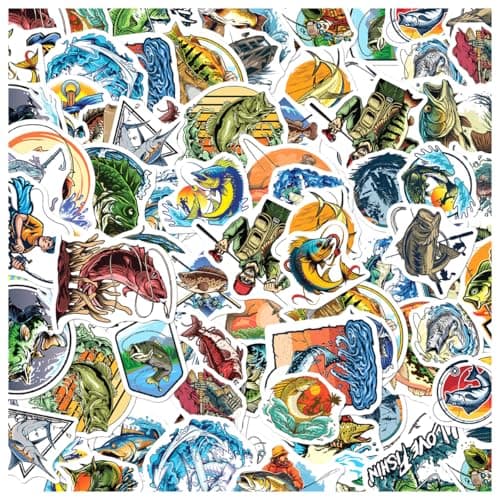 Fishing Themed Vinyl Stickers Pack for Anglers Outdoor Enthusiasts Decor Waterproof Durable 50pcs Laptop Phone Case Hat Bottles Bumper Bedroom Wall Decoration Motorcycle