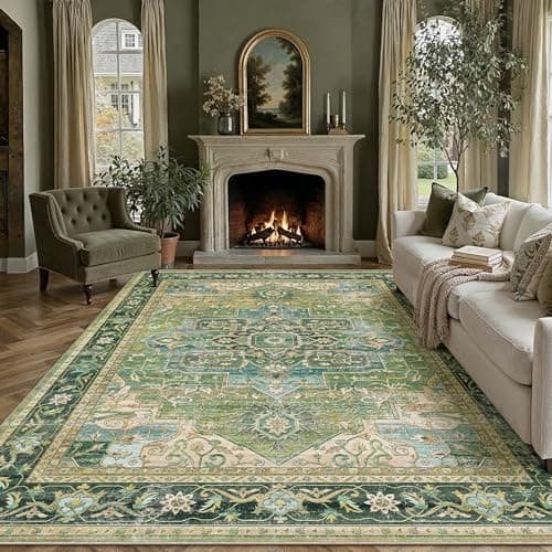 WondRg 9x12 Washable Vintage Area Rug Green Oriental Living Room Bedroom Throw Rug Neutral Non Slip Soft Low Pile Carpet for Dining Room Office Nursery Indoor
