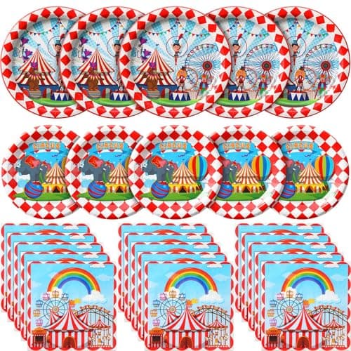 Gandeer 400 Pcs Gingham Paper Plates, Napkins, Red and White Circus