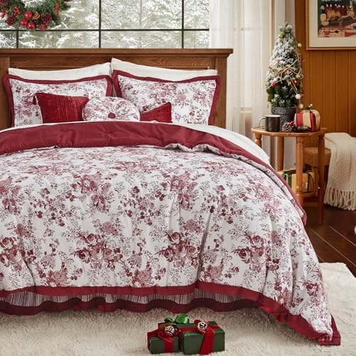 Wonderful Christmas Bedding, 5 Pieces Red Floral Cotton Comforter Set Queen, Farmhouse Lightweight Comforter Bed in a Bag with Pillow Shams, Bed Skirt and Decorative Pillows for All Season,92"x96"