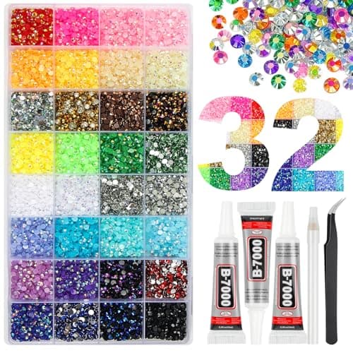 38000Pcs 32 Colors Jelly Resin Rhinestones for Bedazzling, 3mm Multicolor Flatback Gems for Crafting, Bedazzler Kit with 3Pcs B7000 Jewelry Glue for Clothes Shoes Nail Book Diamond Art