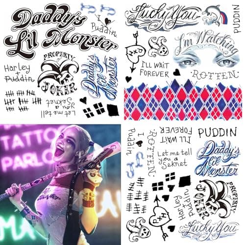 Joker and HQ Tattoos Temporary - 13 Sheets Halloween Temporary Tattoos for Men Fake Tattoo Stickers Joker Costume Masquerade Cosplay Party Accessories Makeup Waterproof