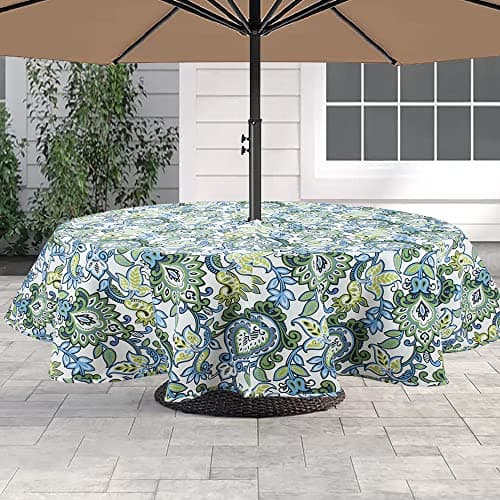 60" Round Tablecloth with Umbrella Hole and Zipper, Washable Waterproof Wrinkle Free Zippered Patio Table Cloths Table Covers for Spring, Summer, Party, Backyard, Picnic, BBQS (Botanical Blue Green)