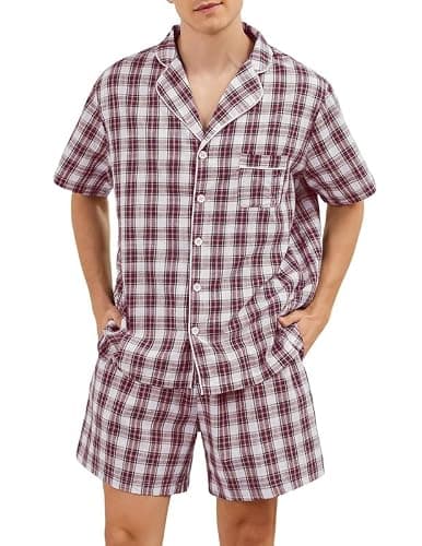 Marvmys Mens Cotton Pajamas Set Short Sleeve Sleepwear Button Down Loungewear 2 Piece Pj Shorts Sets Wine Red Plaid XL