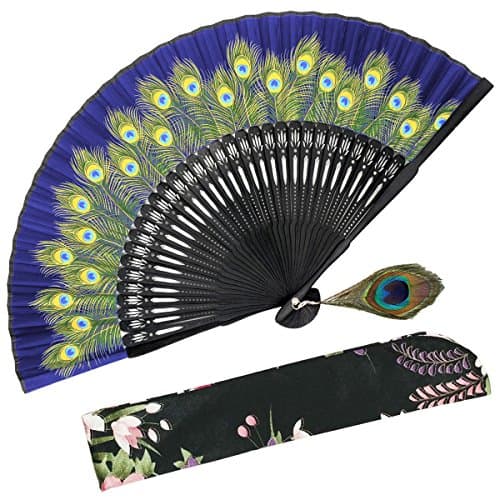 OMyTea Hand Held Folding Fan for Women Peacock Chinese Japanese Oriental Asian Style - for Wedding, Dancing, Church, Party, Gifts (Blue)