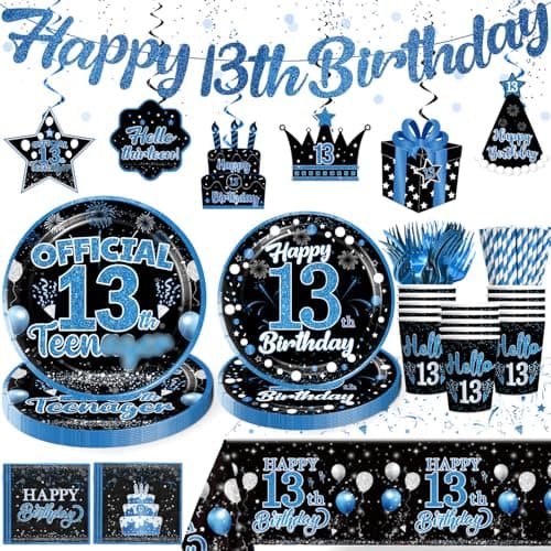 Yingoto 160pcs 13 Birthday Boy Decorations Plate, Officially a Teenager Party Decorations 13th Birthday Plates and Napkins Banner Teenage Boy Birthday Decorations 13th Birthday Decorations for Boys