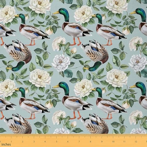 jejeloiu Mallard Duck Fabric By The Yard 3 Yards Wild Duck Hunting Decorative Soft Flannel Fabric Floral Print Botanic Cute 3D Wild Animal Upholstery for Chairs Green White
