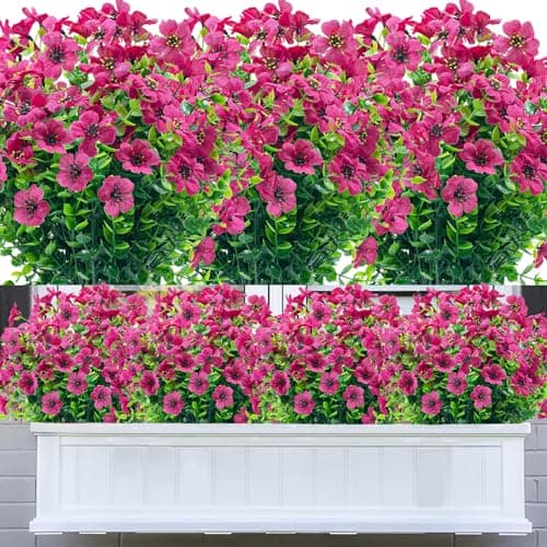 DRT DERUITAI 8 Bundles Artificial Flowers Outdoor,UV Resistant Faux Flowers No Fade Outdoor Fake Plastic Plants Outside Garden Porch Window Box Decor(Rose Red)
