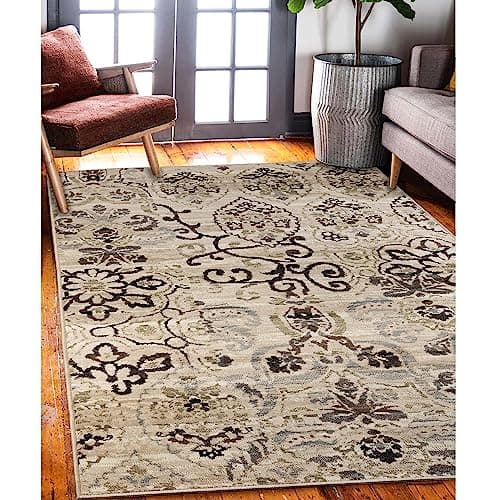 Superior 8mm Pile Height with Jute Backing, Gorgeous Patchworked Damask Design, Fashionable and Affordable Woven Rugs, 8' x 10' Rug, Beige