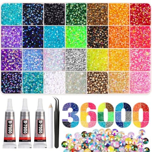 Artdone 36000Pcs Resin Rhinestones 3mm Jelly AB 28Colors for Bedazzling Glitter Kit DIY, Multicolor Crystal Diamond Pearls with 3Pcs 10ml B7000 Jewelry Glue for Bedazzled Nail Art Supplies Decoration