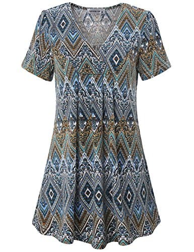 MOQIVGI Swing Tunic, Juniors V Neck Short Sleeve Bohemian Drapey Color Blouse Summer Fashion Misses Tops Beautiful Boutique Pleat Flowy T Shirts for Women Plus Size Multicoloured Blue XX-Large