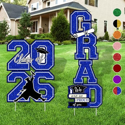 Graduation Yard Sign Class of 2026 Decorations - 4pcs Large Size Blue Glittering Congrats Grad Class of 2026 Outdoor Lawn Decor with Stakes - High School College Graduation Party Decorations Supplies
