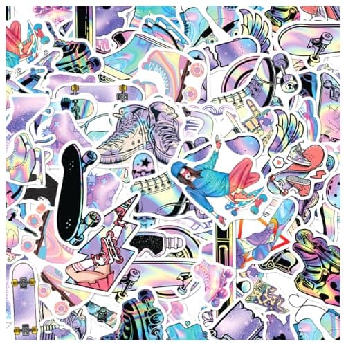 Holographic Roller Skates Skateboard Sneakers Vinyl Stickers Pack 50pcs for Teens Skaters Laptop Water Bottle Skate Lover Motorcycle Bumper Bedroom Bike Hat Phone Case