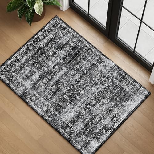 4x6 Washable Area Rug for Entryway Indoor, Neutral Boho Small Rugs for Living Room, Kitchen, Entrance, Nursery, Laundry Room, Non Slip Low Pile Retro Ultra Soft Faux Wool Carpet, Black, Dark Grey