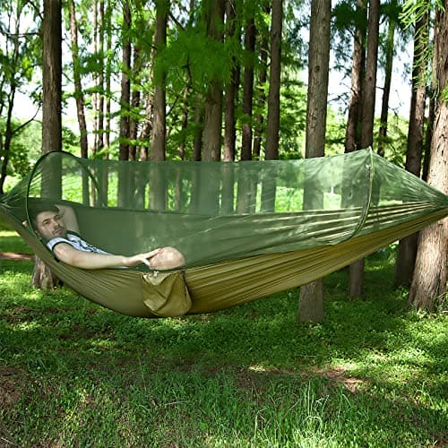 LFL Camping Hammock with Mosquito Net, Hammocks with Bug Net 13ft Tree Straps Carabiners, Automatic Quick Open Outdoor Portable Hammock with Net, Nylon Parachute Material Outside Hiking Gear (Green)
