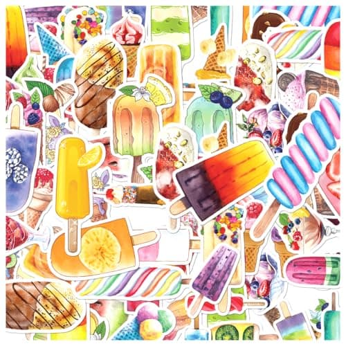 Colorful Ice Cream Popsicle Treats Illustration Vinyl 50pcs Stickers Pack for Kids Teens Scrapbooking Laptop Water Bottle Journaling Wall Decoration Phone Case Bike