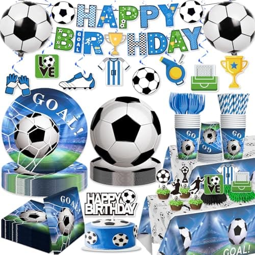 Yingoto 179pcs Soccer Birthday Party Decorations Complete Party Tableware Set, for 25 Guests, Soccer Party Decorations includes HD Printed 300 gsm Thick Paper Plates, Waterproof Tablecloth