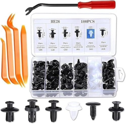 100 Piece Automotive Fastener Kit with Removal Tool, Car Bumper Retainer Clips Push Pin Rivets Set for Door Trim Panel