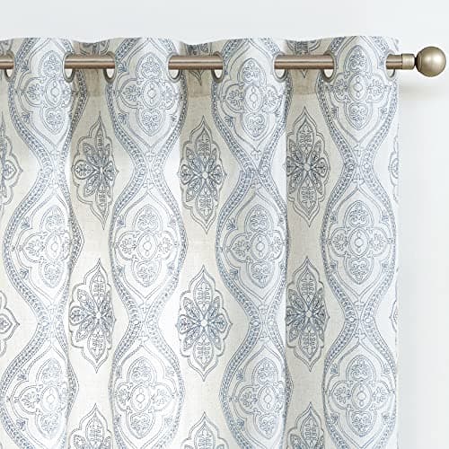 jinchan Boho Linen Curtains for Living Room Embroidered Design Window Curtains Light Filtering Flax Linen Blend Window Treatments Set for Bedroom Grommet Top 2 Panels 96 Inch Length Blue on Ecru