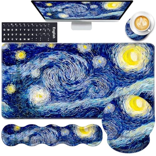 CICPLKSE Mouse Pad,Large Pink Desk Mat, 4in1 XXL Mousepad + Keyboard Wrist Rest+Mouse Wrist Rest+Coaster Set with Ergonomic Desk Pad for Home Office Table Computer-Abstract Night Sky