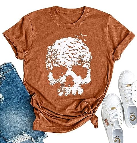 Womens Skull Graphic T-Shirt Gothic Horror Rock Shirts Cotton Short Sleeve Vintage Tees Summer Funny Casual Tops (Orange, M)