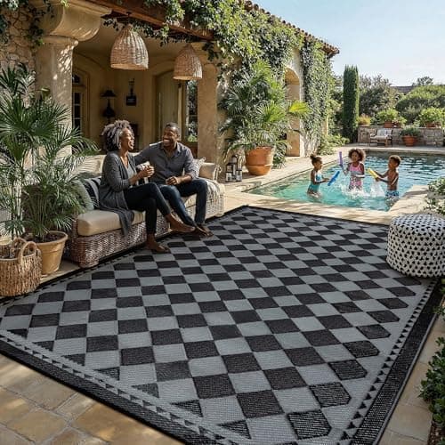 HUGEAR Outdoor Waterproof Rug 8'x10' Plastic Straw Rugs Washable Reversible Floor Mat Black/Grey Plaid Carpet for Camping RV Deck Entryance Porch Picnic Balcony Beach Backyard