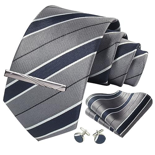 CWKOON Striped Grey Navy Blue Mens Tie Formal Necktie Pocket Squares Ties Clips Cufflinks Classic for Men Set