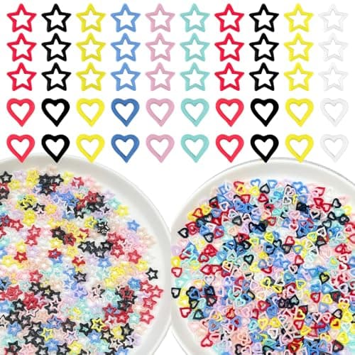 600PCS Mix Colors Kawaii Nail Charms, Resin for Nails Design,Chrome 3D Nail Charms for Women Girls,Cross Charms for Nails,Cute Rhinestones.(Heart and Star)