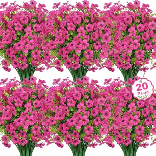 Besteek 20 Bundles Artificial Flowers for Outdoors Decoration Fake Silk Flowers UV Resistant Faux Plants Artificial Daisy Eucalyptus for Spring Summer Garden Yard Porch Window Home Decor, Fuchsia