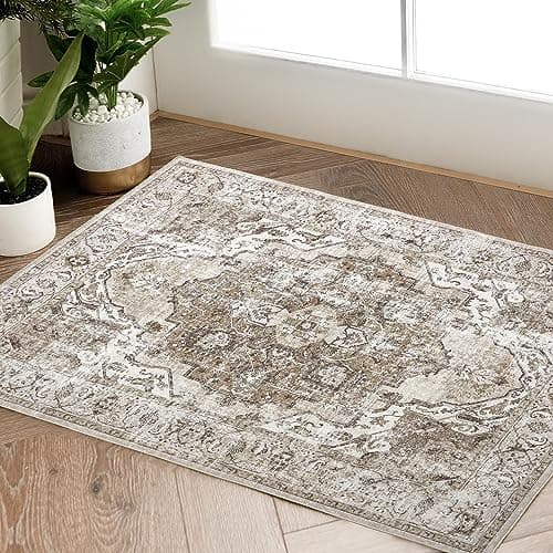 jinchan Area Rug 2x3 Washable Entryway Rug Vintage Kitchen Floor Cover Traditional Thin Taupe Multi Distressed Floral Doormat Indoor Mat for Bathroom Bedroom Living Room