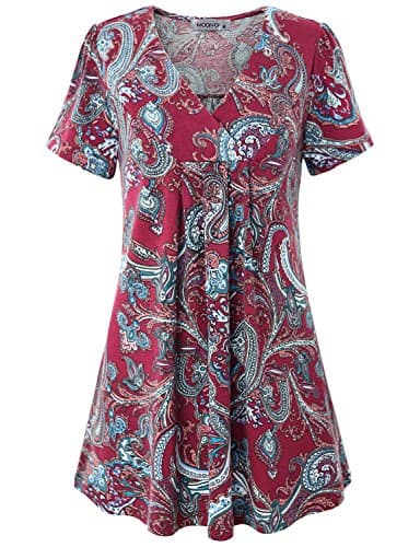 MOQIVGI Flowy Tops for Women V Neck Short Sleeve Fashion Polyester Stretchy Shirt Loose Casual Floral Dressy Blouse Flattering Bodycon Drape Workout Tunic Multicoloured Wine Medium