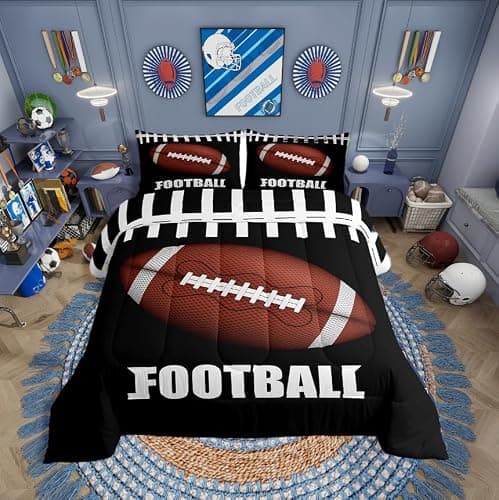 Erosebridal Football Comforter Sets for Boys Queen Size American Football Bedding for Kids Girls Teens Soft Warm Quilts Rugby Sports Fans Sports Games Duvet Insert Stripe Down Comforter 3Pcs